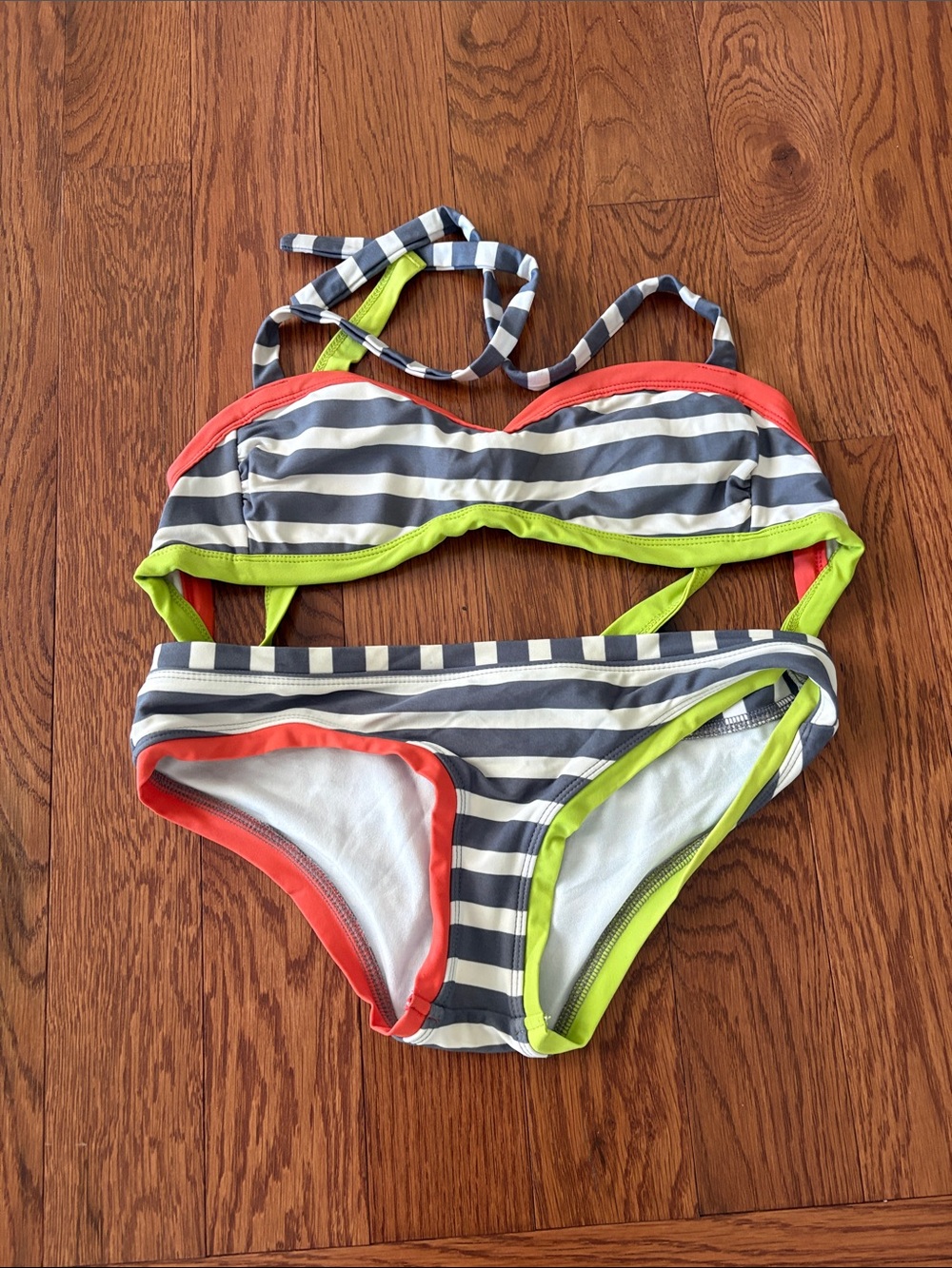 Stripe Bikini with Coral and Lime Trim